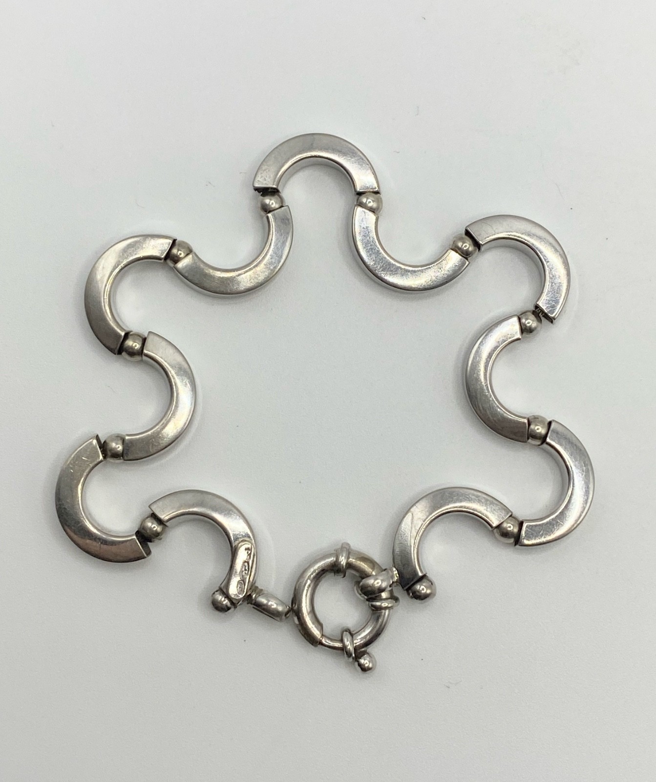 Unique Sterling Silver 925 Twisting C Link Bracelet 7 1/2” Long Artist Signed
