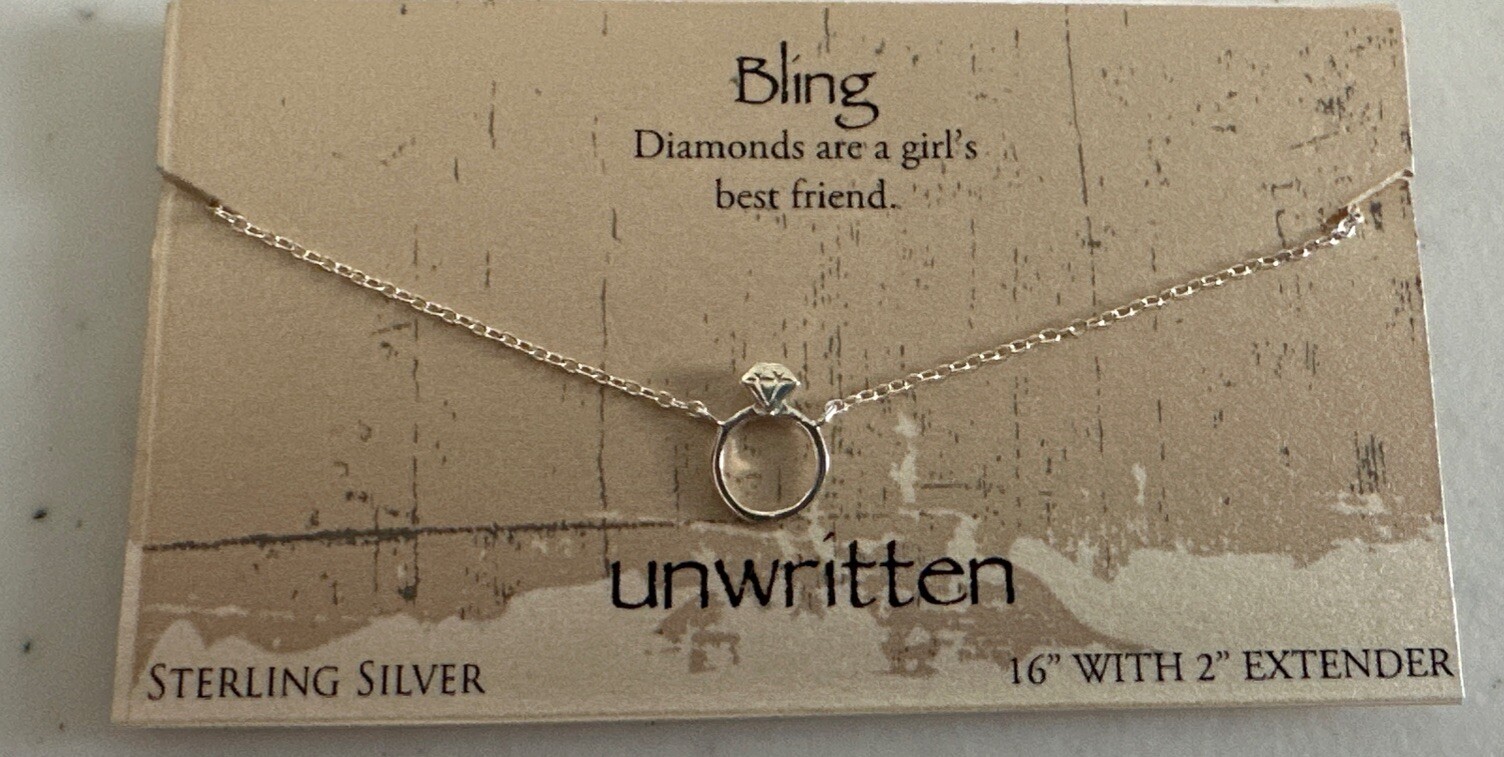 Diamond Ring Necklace 16” W 2” Extender BLING Wedding Birthday Engagement Ring