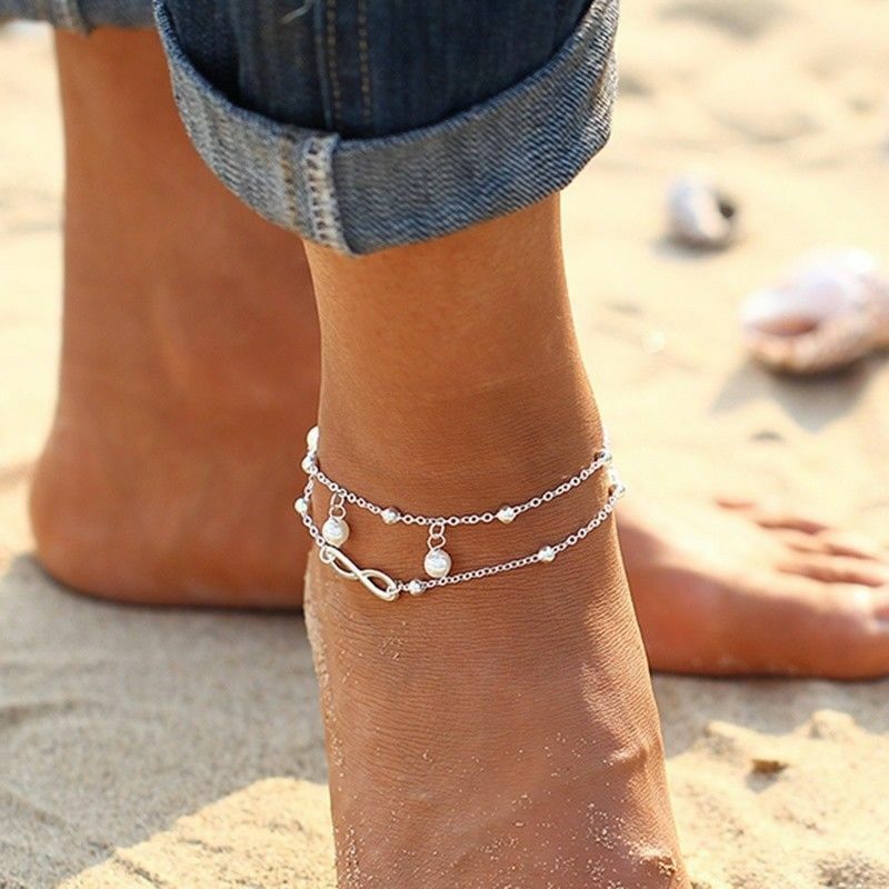 Women Double Ankle Bracelet 925 Silver Anklet Foot Jewelry Girl’s Beach Chain US