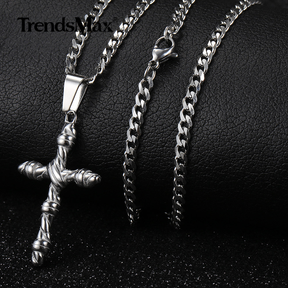 Men’s Silver Tone Stainless Steel Chain Vintage Religious Cross Pendant Necklace
