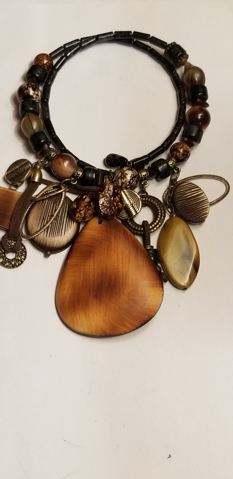 Ethnic memory wire beaded ceramic wood leather glass necklace choker