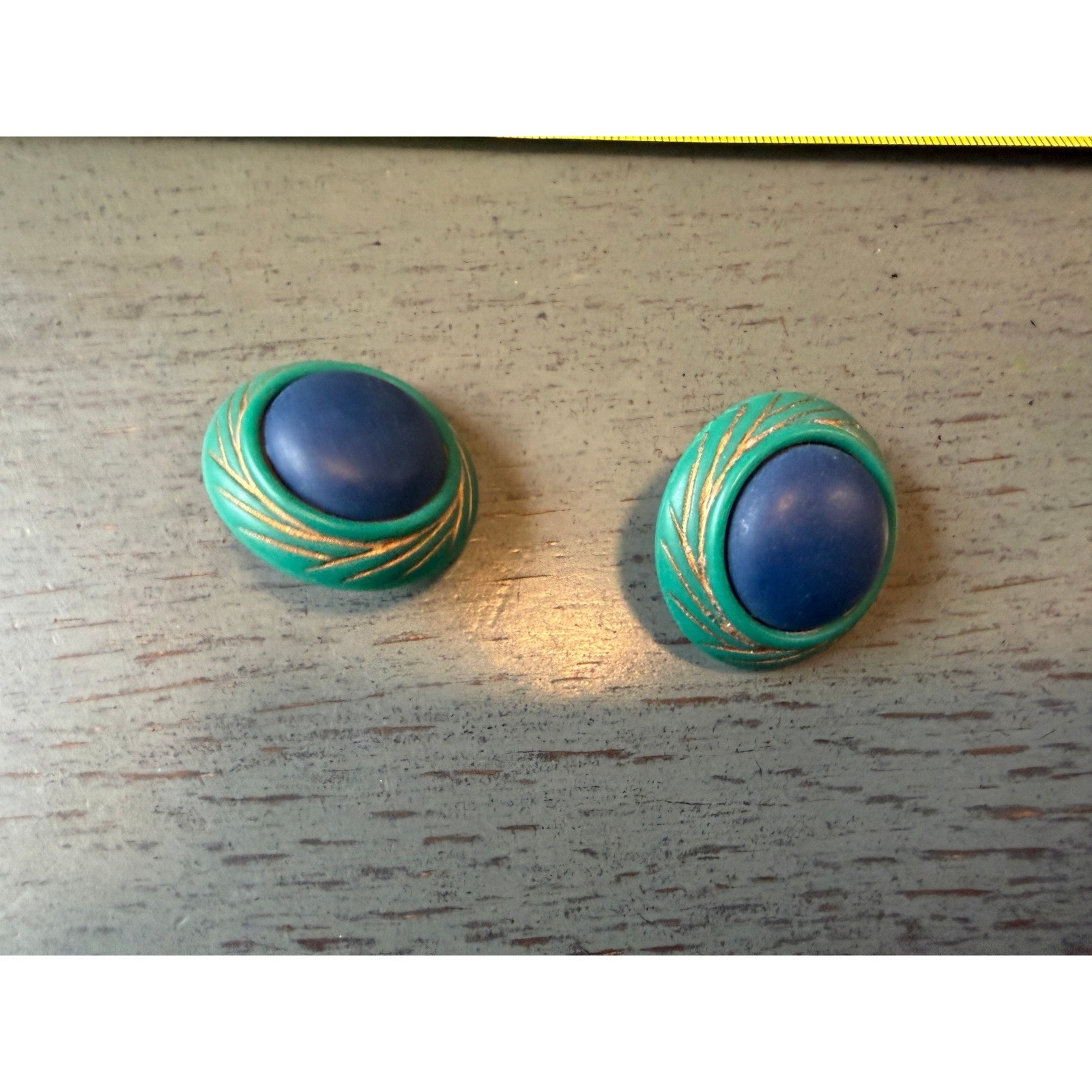 Vintage Teal Green and Cobalt Blue Button Stud Earrings Gold Etched Accent 1in