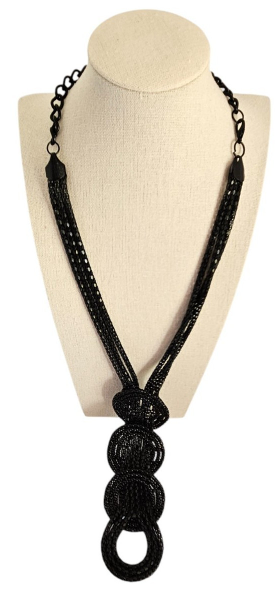 Black Bead Braided Muti Stand Statement Necklace Adjustable 16″ to 23″