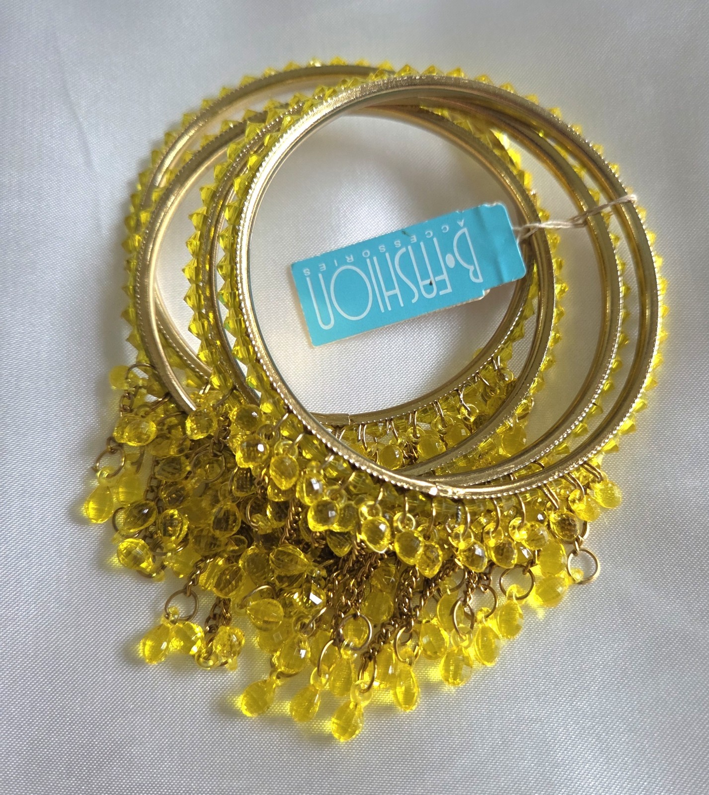 Bracelet Bangle Yellow Boho Beaded Fringe Goldtone Set Of 4 Small Diameter Bling