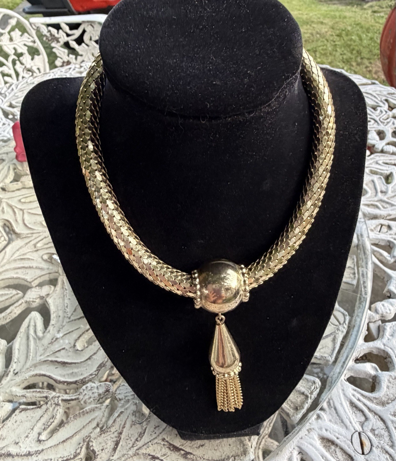 Whiting And Davis Gold Tone Mesh Choker With Sliding Tassel 12” to 14”