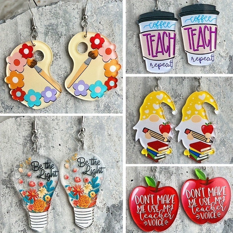 5 Pairs of Teacher-themed Acrylic Pendant Earrings, Featuring Color Palettes