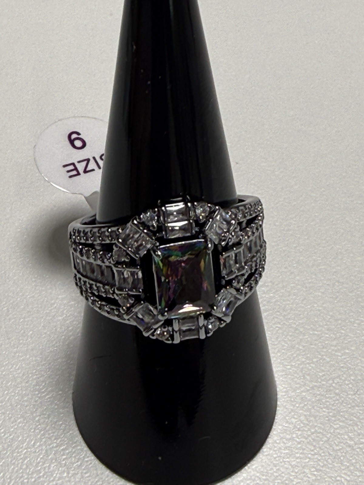 BP Hematite Plated Lab-Created Alexandrite Rectangle Cocktail Ring CZ 9