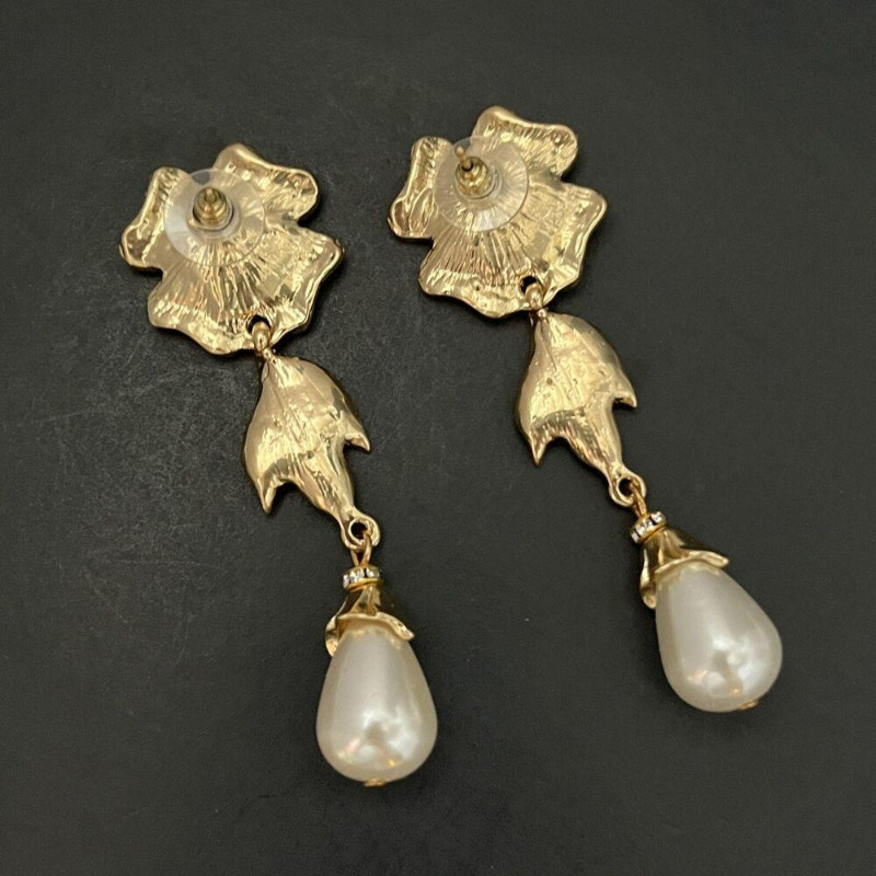 Gold Flower Earrings Dangle Drop Pierced Green Cabochon Baroque