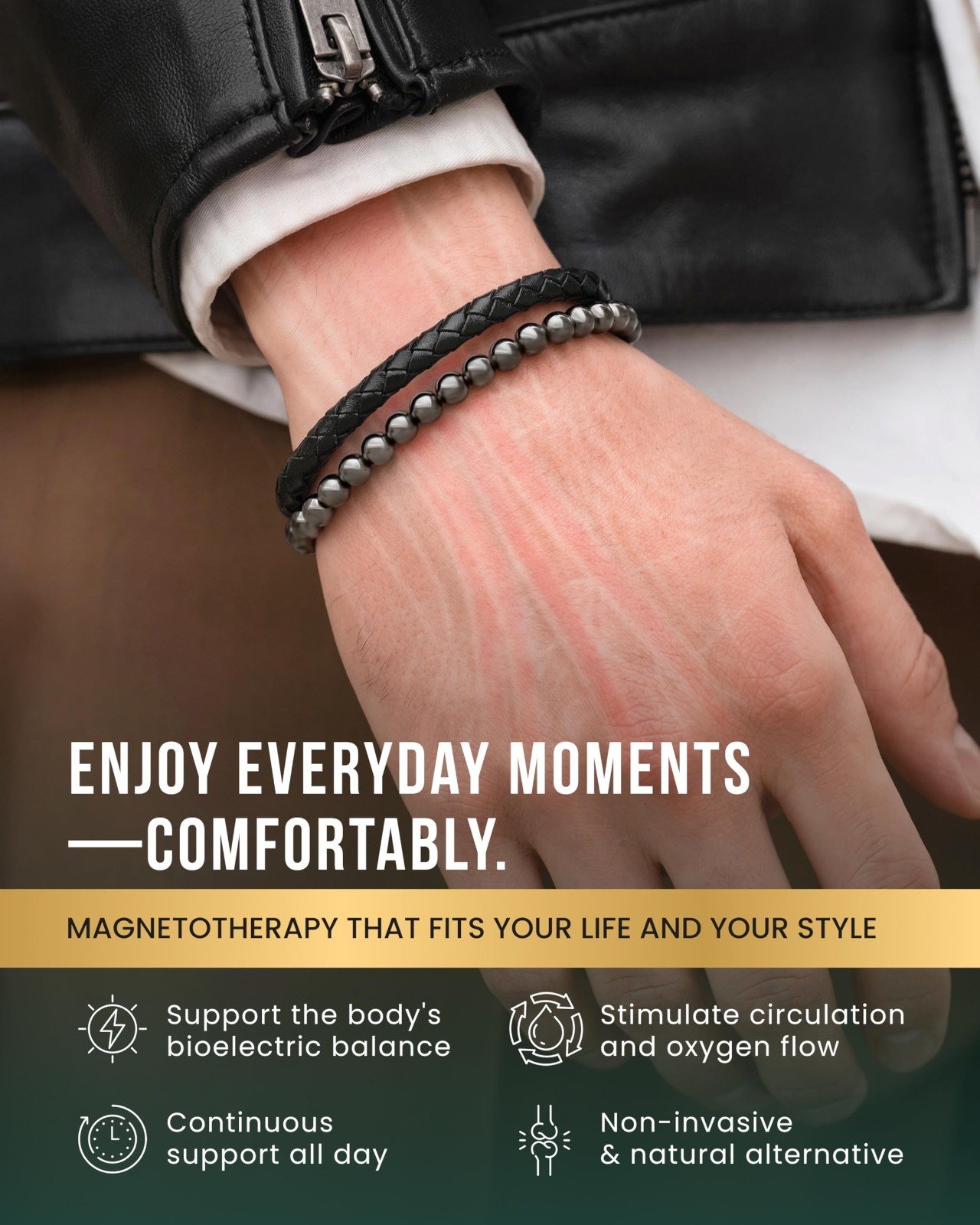 Max Strength Hematite & Leather Bracelet – Magnetic Stone Beaded Men’s Jewelry