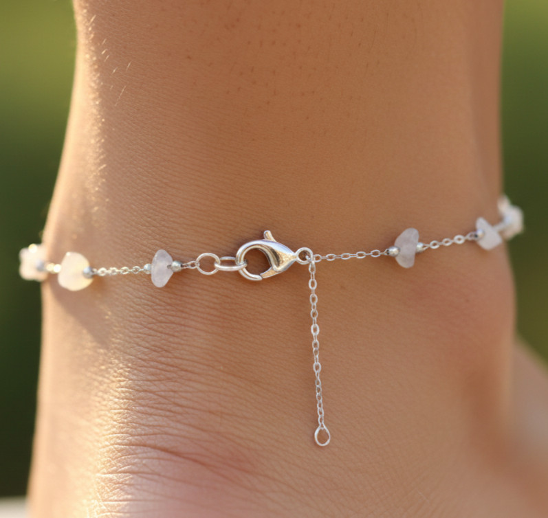 Elegant Silver Tone Moonstone Bead Anklet Handmade Minimalist Boho Chain Anklet