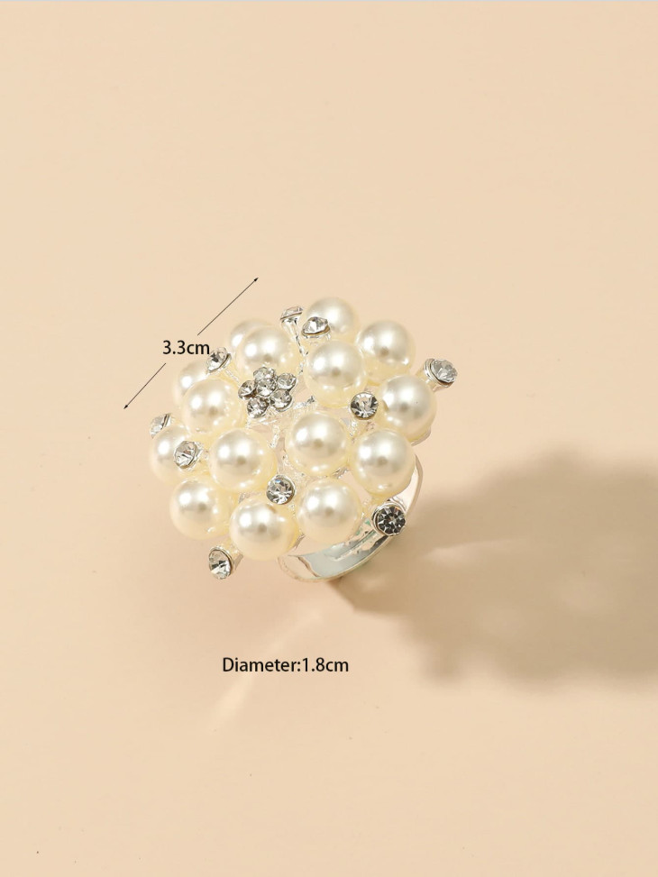 Women Faux Pearl Cluster Rhinestone Flower Statement Cocktail Ring Silver Tone