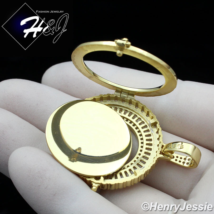 925 STERLING SILVER CUBIC ZIRCONIA GOLD PALTED PHOTO LOCKET ROUND PENDANT*GP317