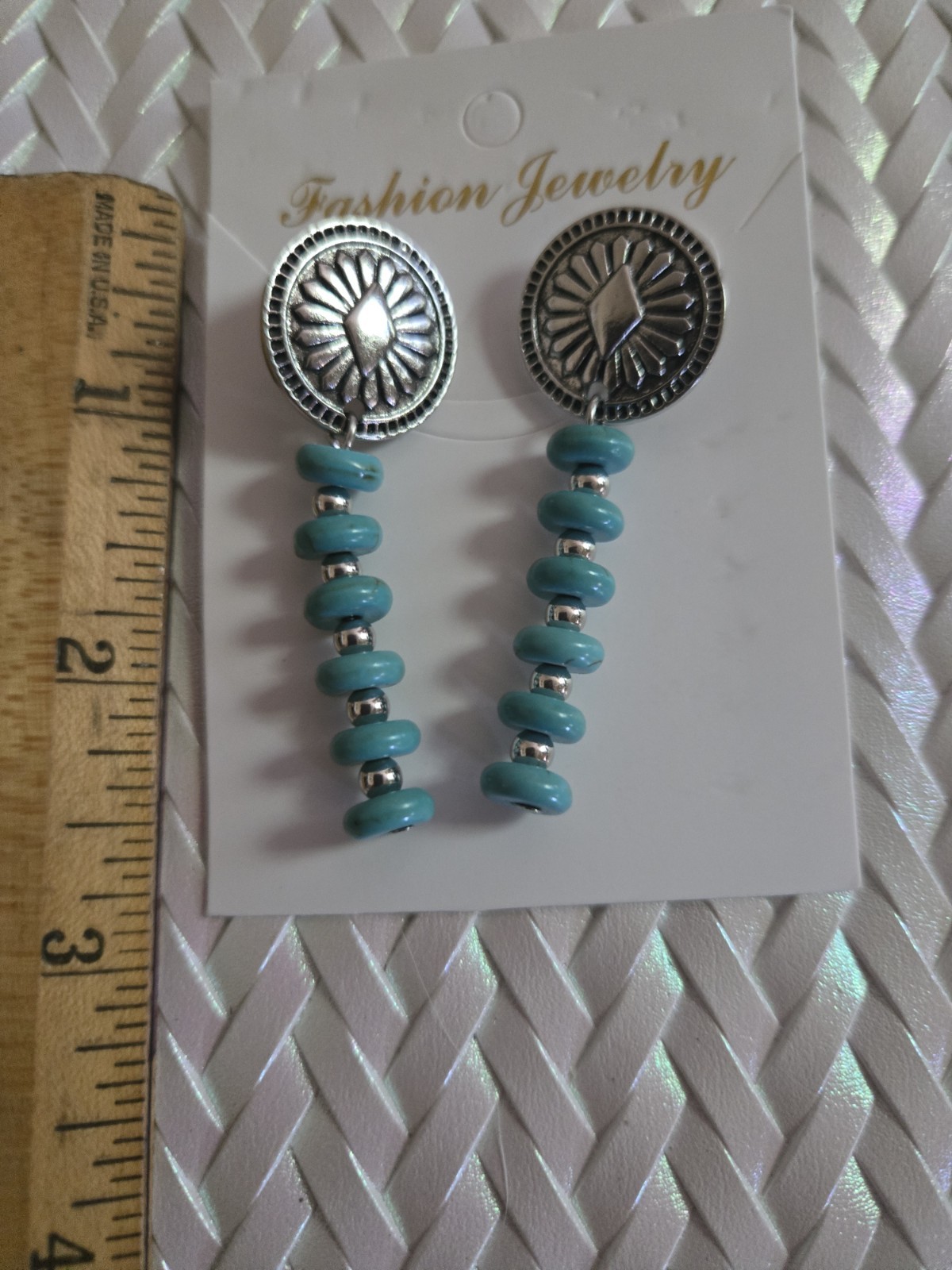 Western Style Faux Turquoise And Silver Metal Drop Earrings