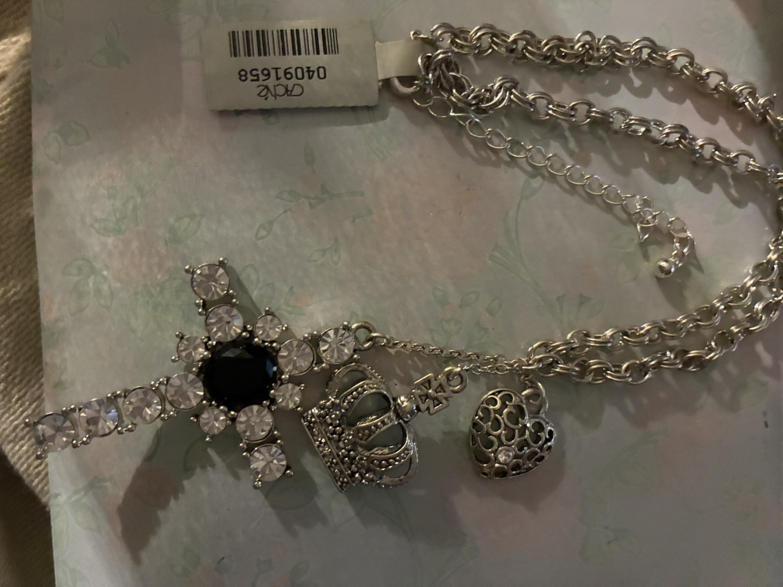 Silver Tone Adjustable Necklace, Rhinestone Cross Crown Heart, Black Crystal