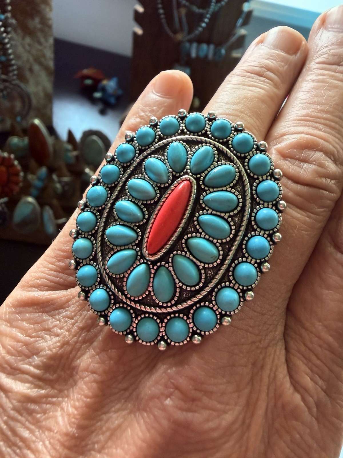 Lot of 2 Adjustable Statement Cocktail Rings Coral and Turquoise Colored Stones
