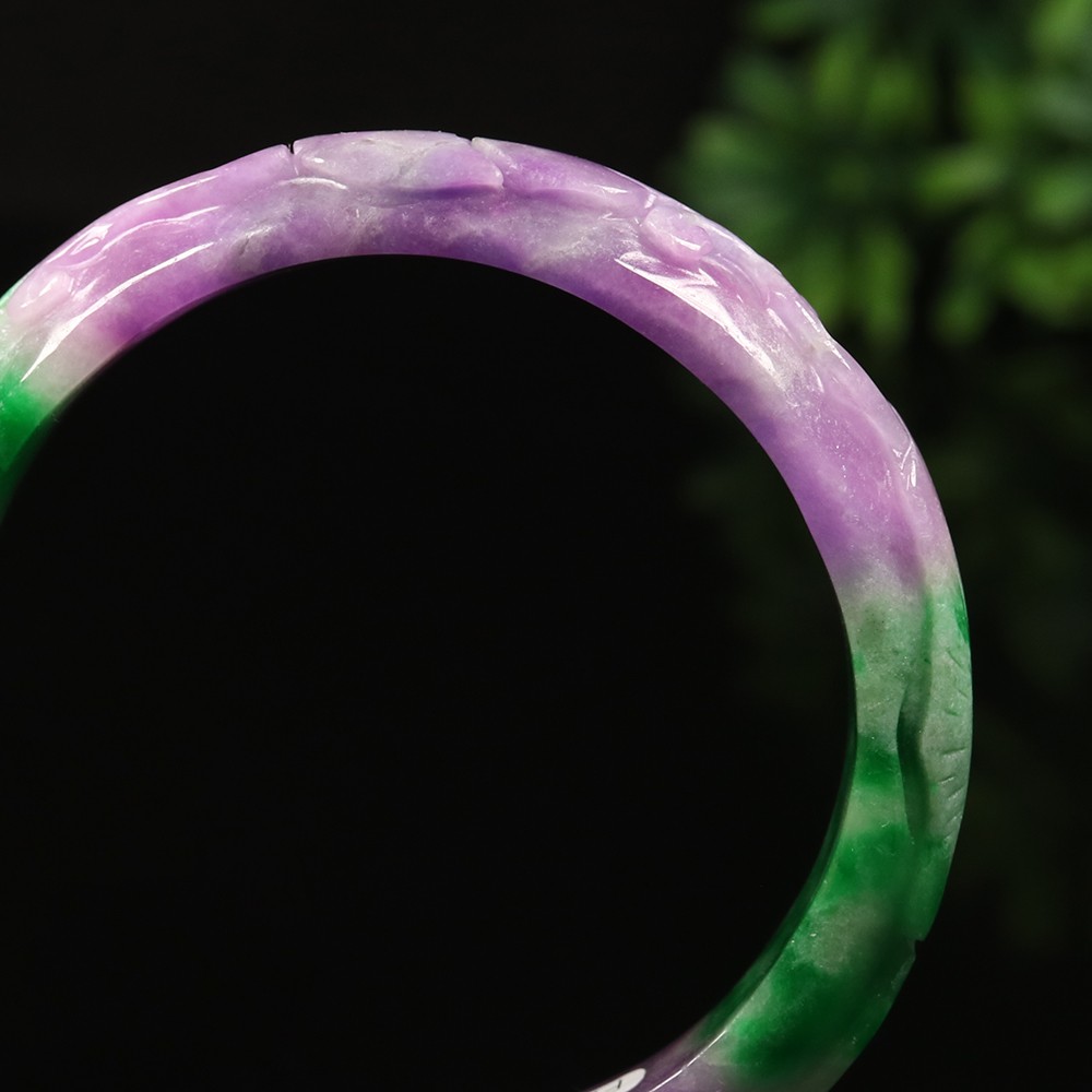 59mm Lavender Purple Green Jadeite Jade Bangle Bracelet Ruyi Rabbit A-14567