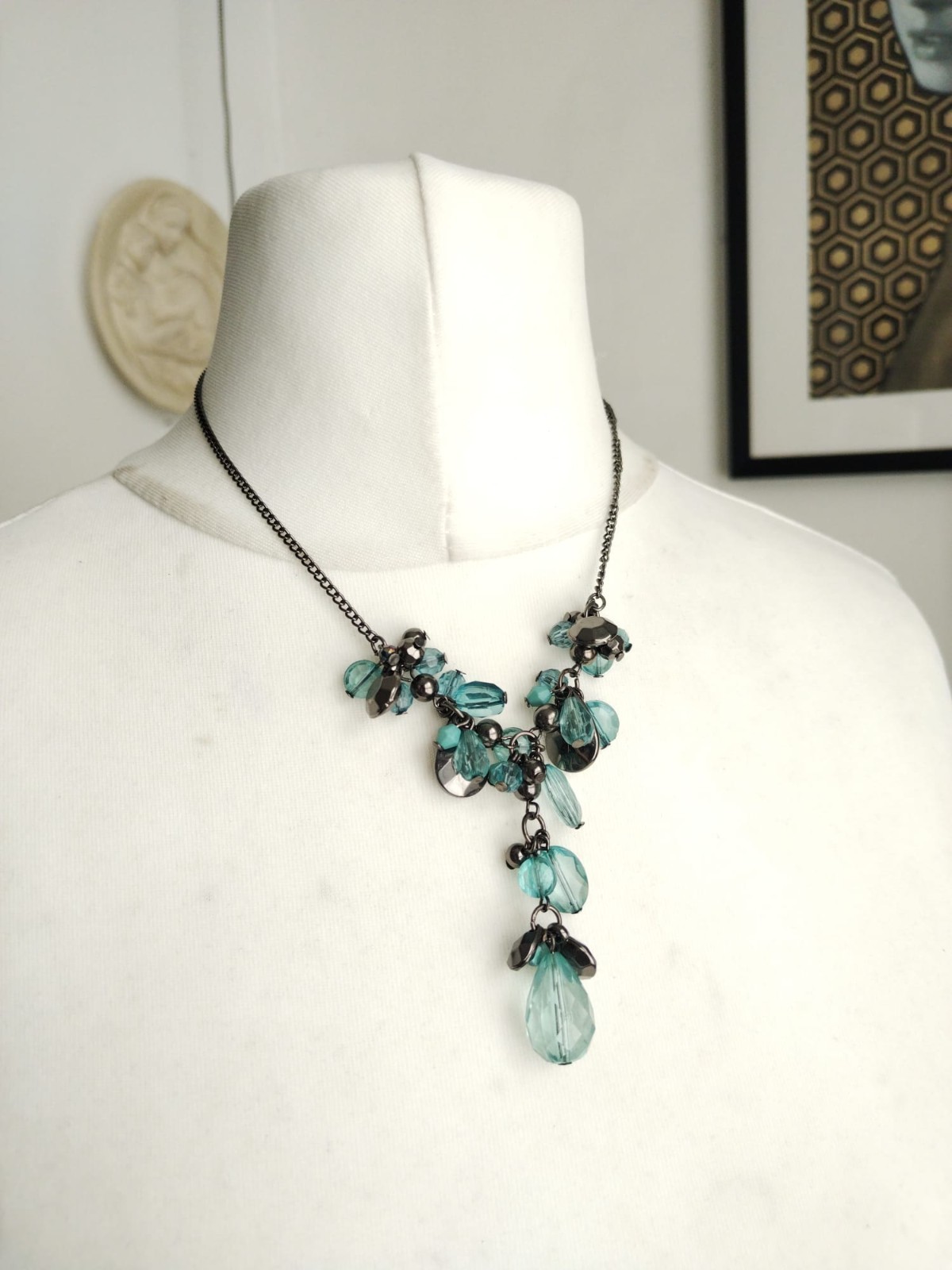 Y Drop Dark Metal Chain short Necklace, Teal, Gunmetal Mixed shapes Beads