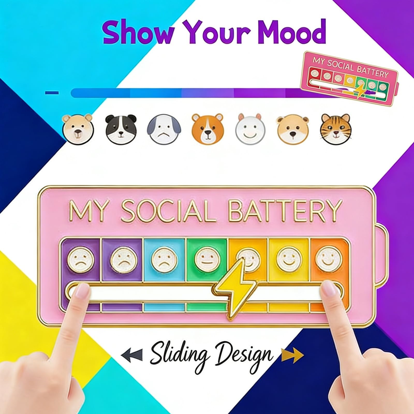 2Pcs Social Battery Slider Pin,Funny Interactive Brooch Enamel Pins for 7 Day…