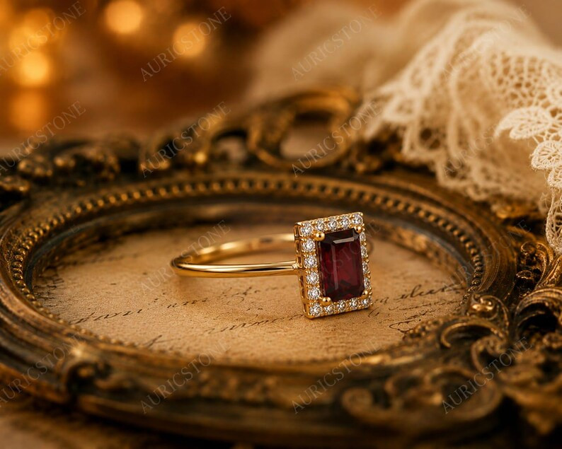 Lab Created Red Garnet Ring, Base Metal: Brass Finish: Gold Plated, Gift