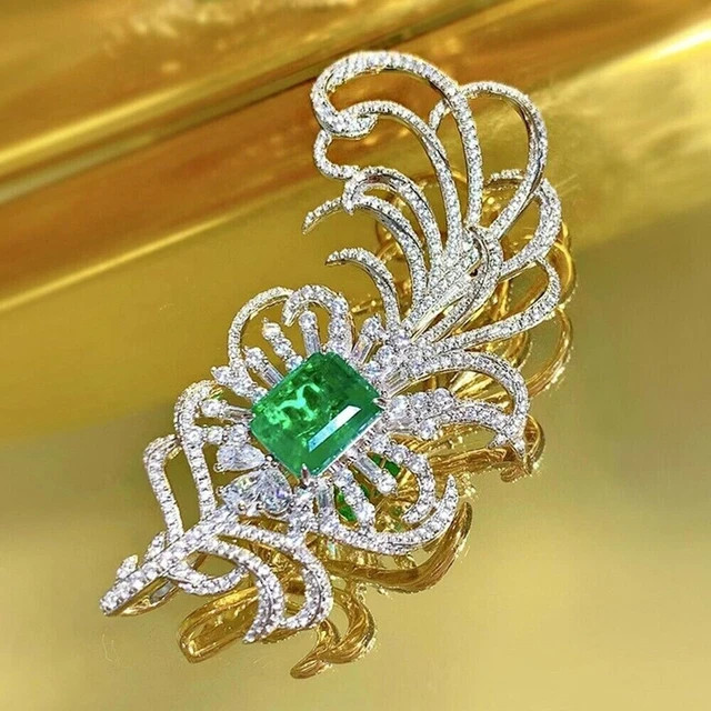 Lab Created Emerald 3Ct Emerald Feather Brooch Pin Pendant 14K White Gold Plated