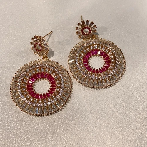 Lab-Created Pink Sapphire Wedding Hoop Chandelier Earrings 18k Gold Plated Gift