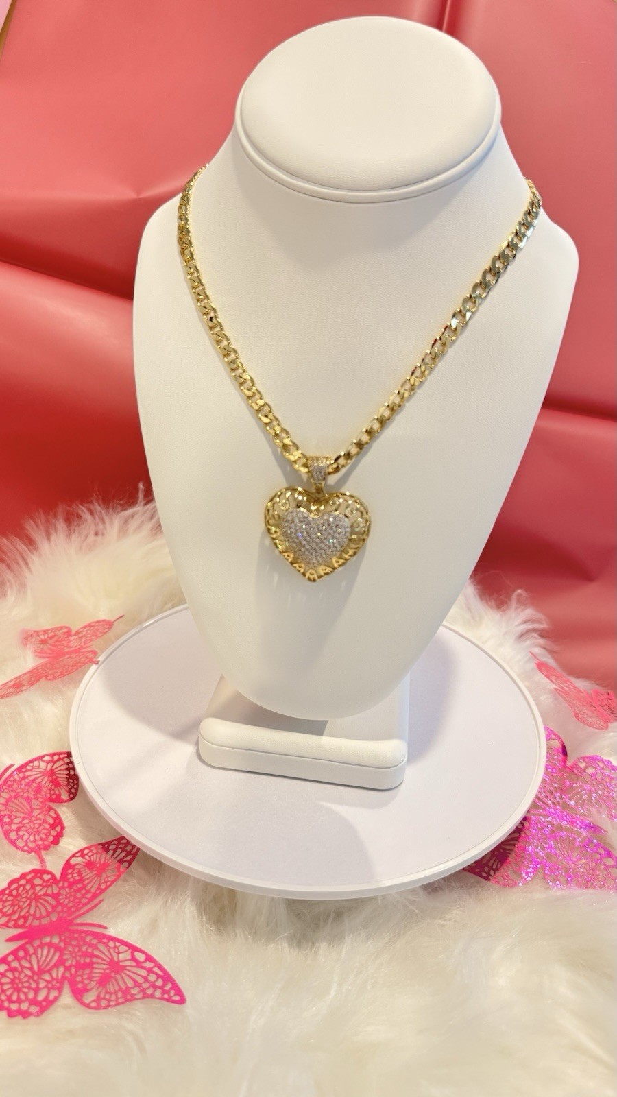 Gold Tone Chain Necklace Heart Charm Pendant w/ Clear Rhinestone Accents