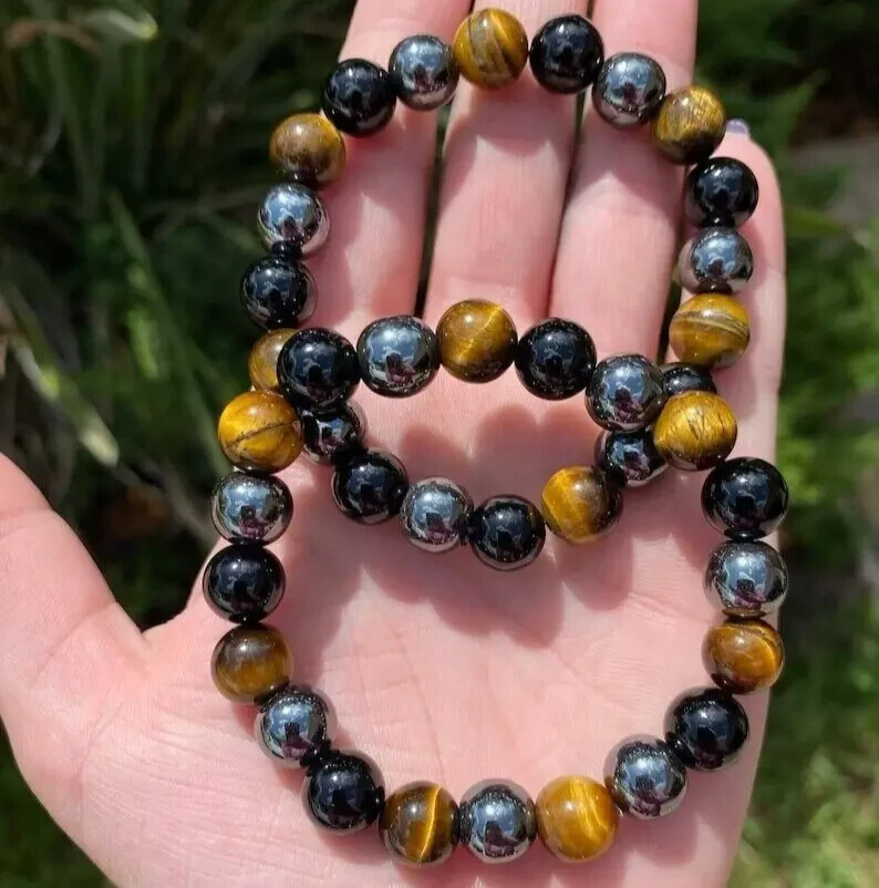 Triple Protection Obsidian Tiger Eye Hematite 8mm Beads Healing Woman Bracelet