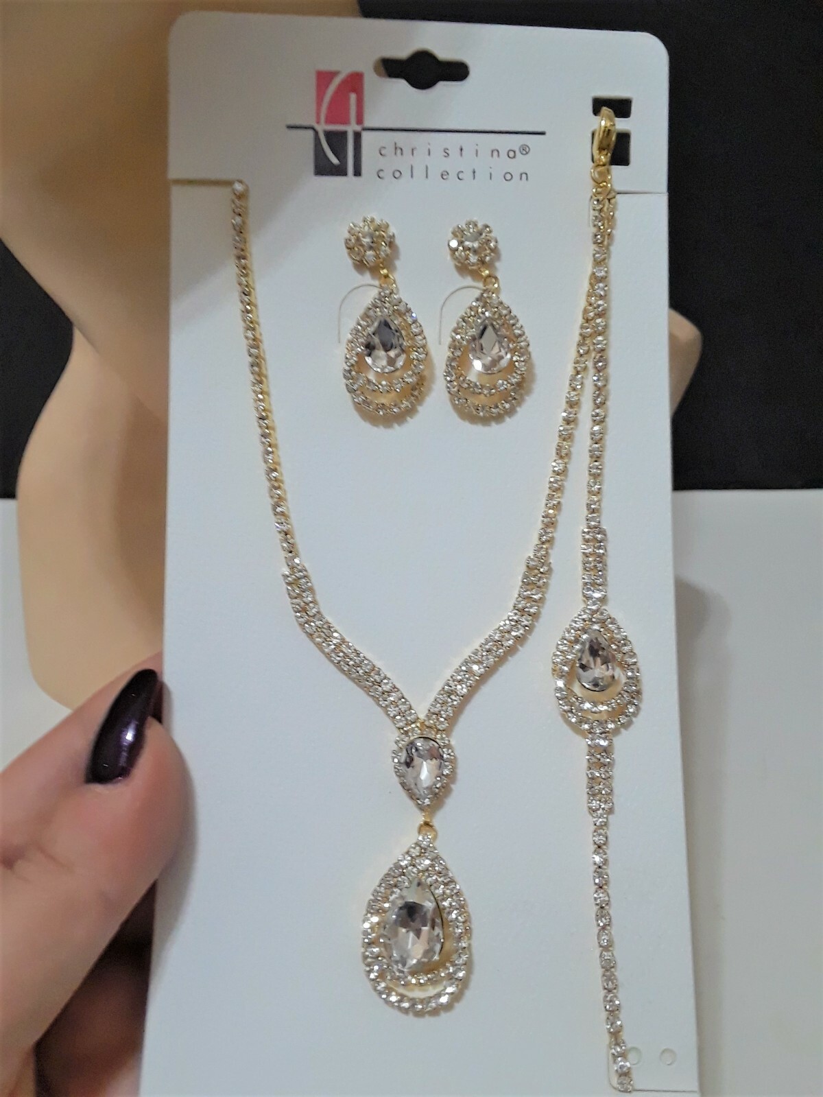 Gold Clear Prom Wedding Bridal Crystal Rhinestone Necklace Earrings Tear Chain