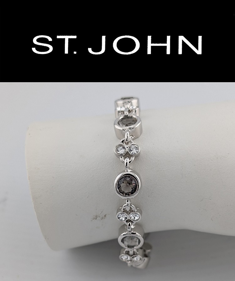 St John Knits Silver Tone Bracelet Clear Smoke Swarovski Crystal Stations