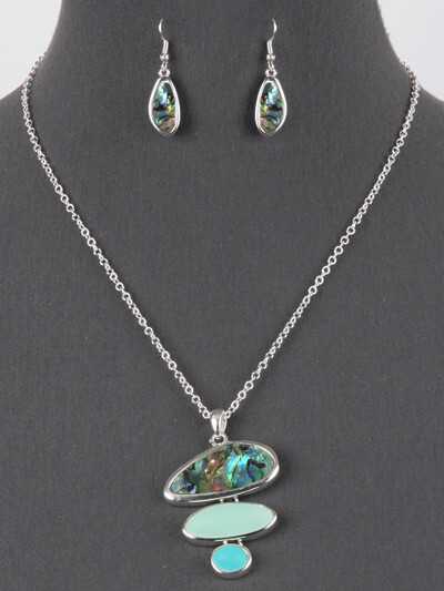 Seaglass abalone shell stone pendant earring set