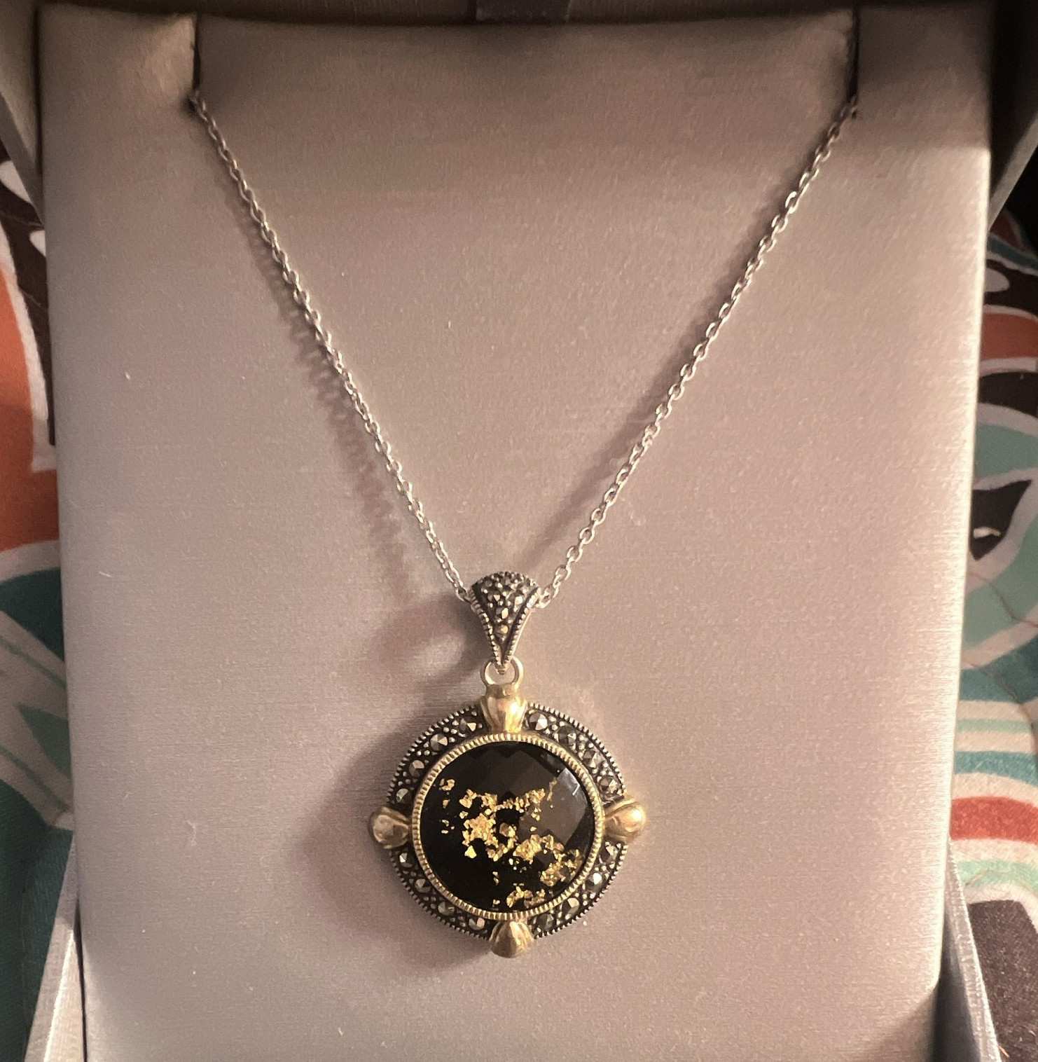 Zales- TJM 925 Sterling Silver Charm Pendant Necklace Black Gold Tone Rope Chain