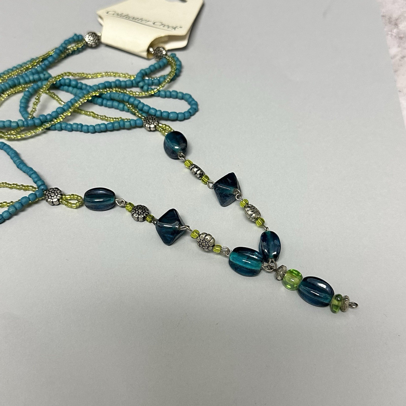 Coldwater Creek Beaded Necklace Silver Tone Green Blue Glass Beads Long Length