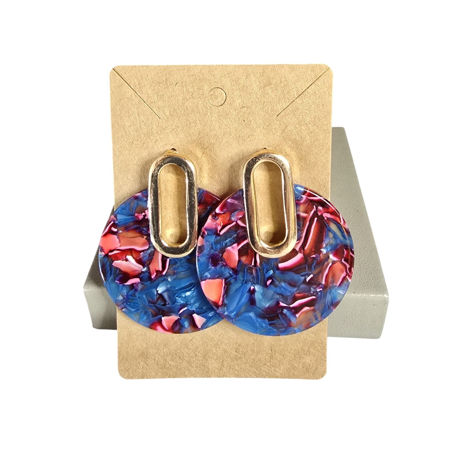 Women’s Gold Plated Blue Pink Multi Statement Pierced Earrings NWOT
