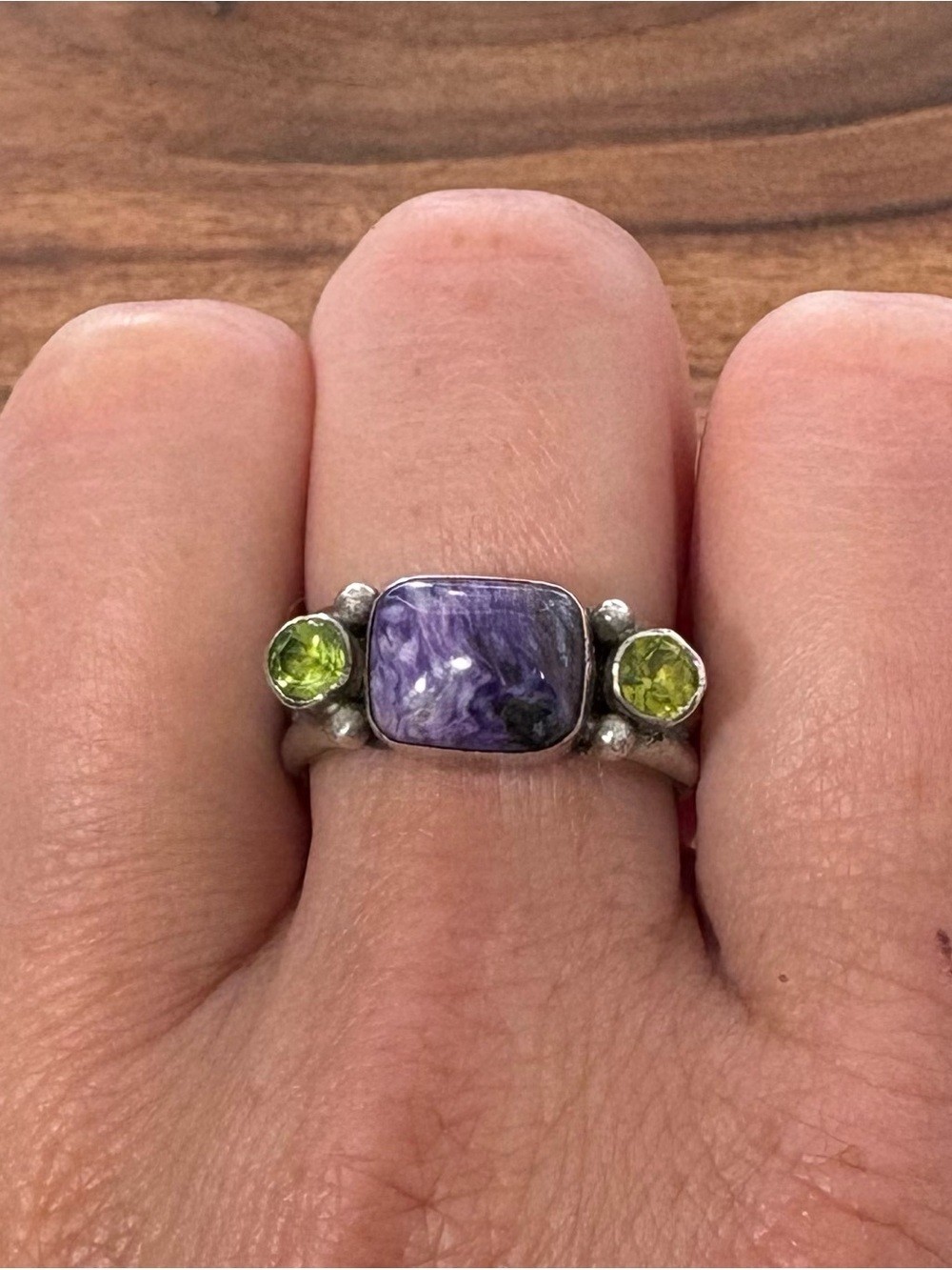 Bohemian Inspired Sterling Silver Ring with Purple and Green Stones – Size 7.5