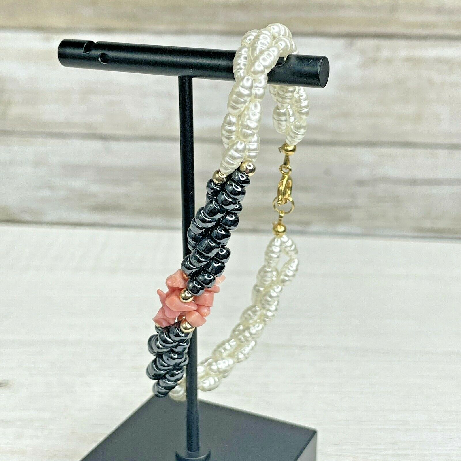 Coral Pink White Black Faux Pearl Bead Bracelet