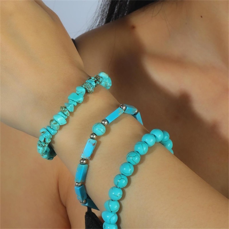 3pcs Blue Turuqoise Round Ball & Chips & Oblong Stretchy Bracelet 7.5″ C877