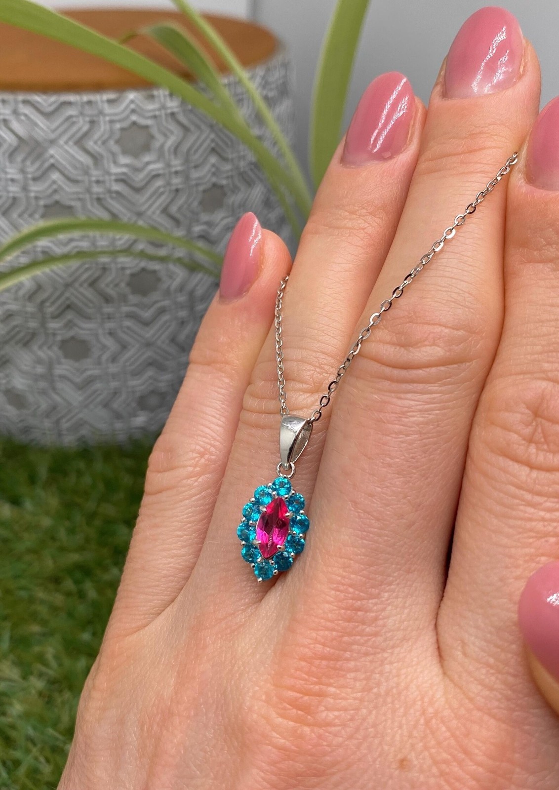Natural Pink Sapphire & Blue Aquamarine Halo Pendant 925 Sterling Silver Chain