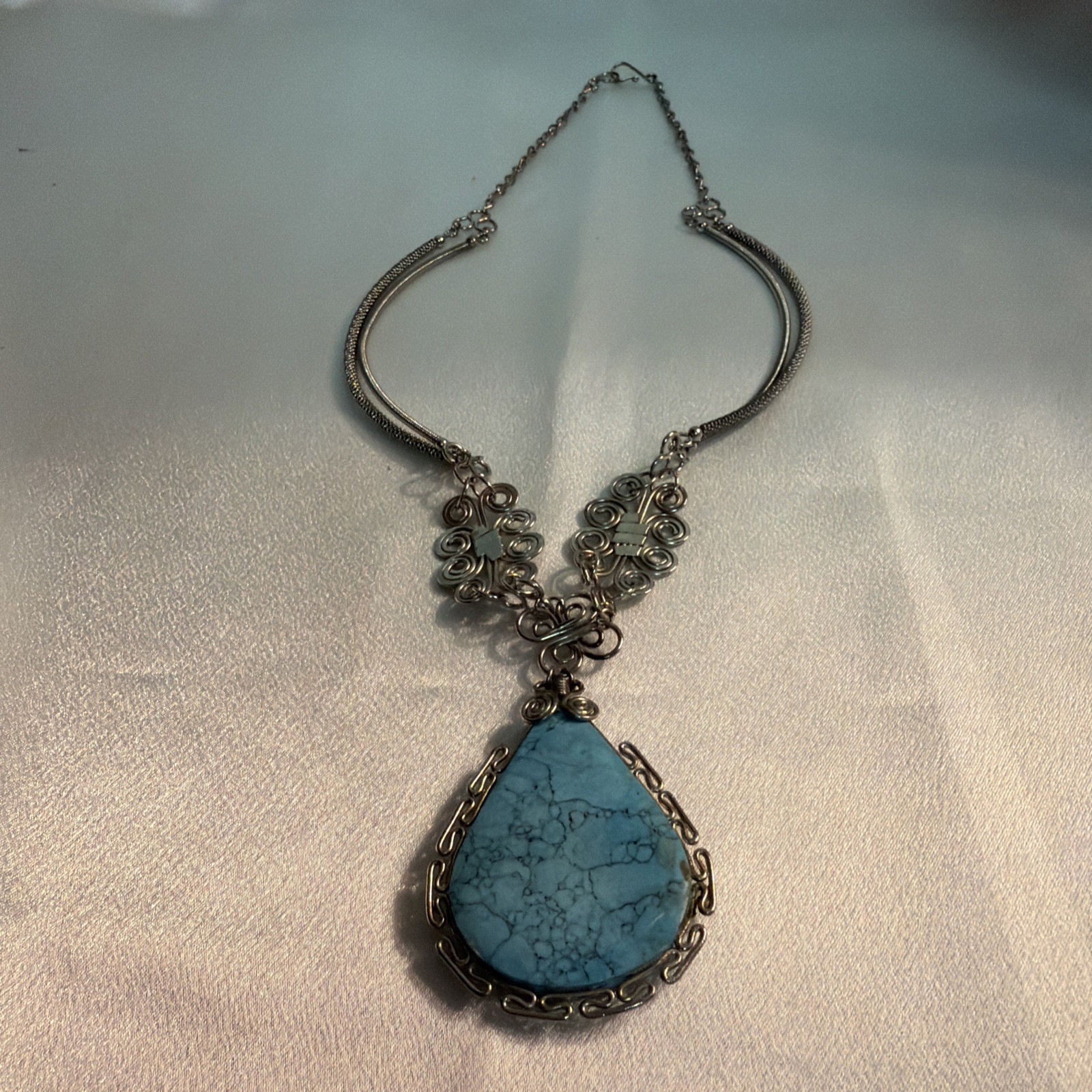 Turquoise Colored Pendant, Retro Necklace 18 Inches Long