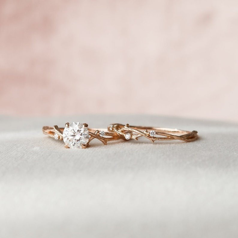 1.0 CT Round Cut Twig Branch Rose Gold Plated Silver Engagement Ring Set
