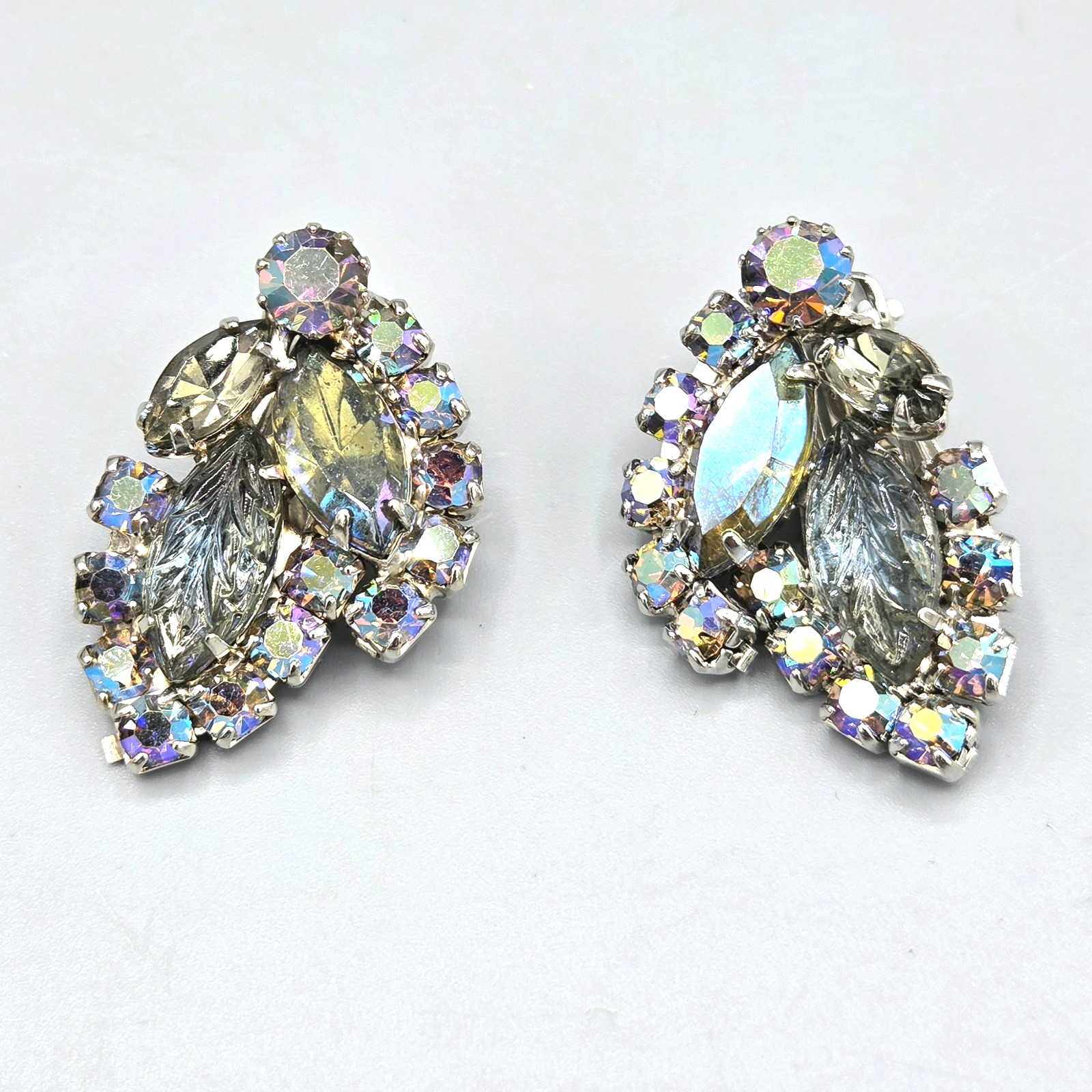 Unsigned Designer Smoke Gray AB Crystal Molded Leaf Clip Earrings
