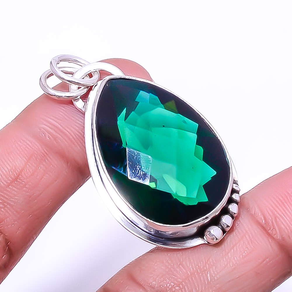 Emerald Simulated 925 Sterling Silver Pendant 1.76″ P6911, Christmas Gift