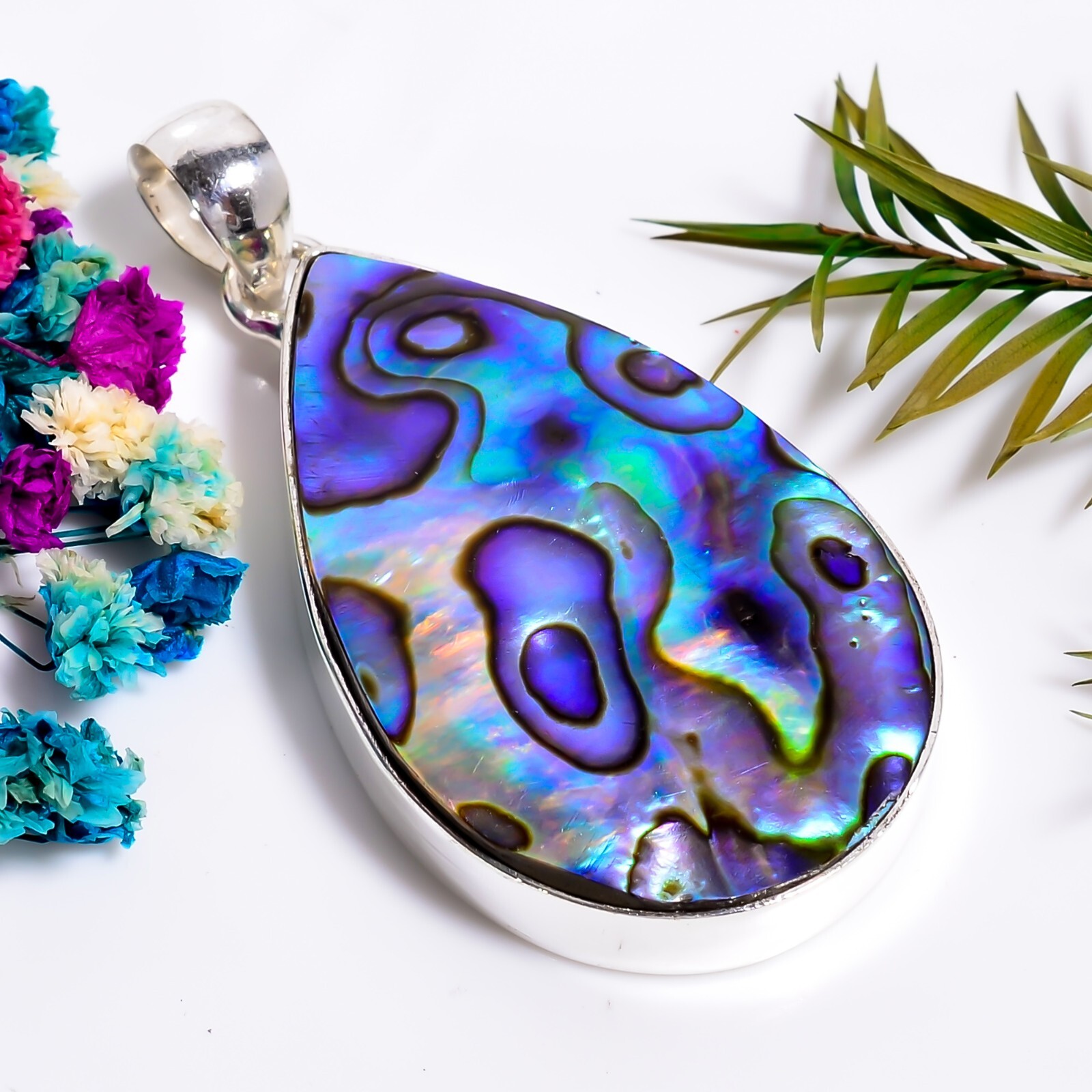 Abalone Shell Gemstone Ethnic Handmade Jewelry.925 Silver Pendant