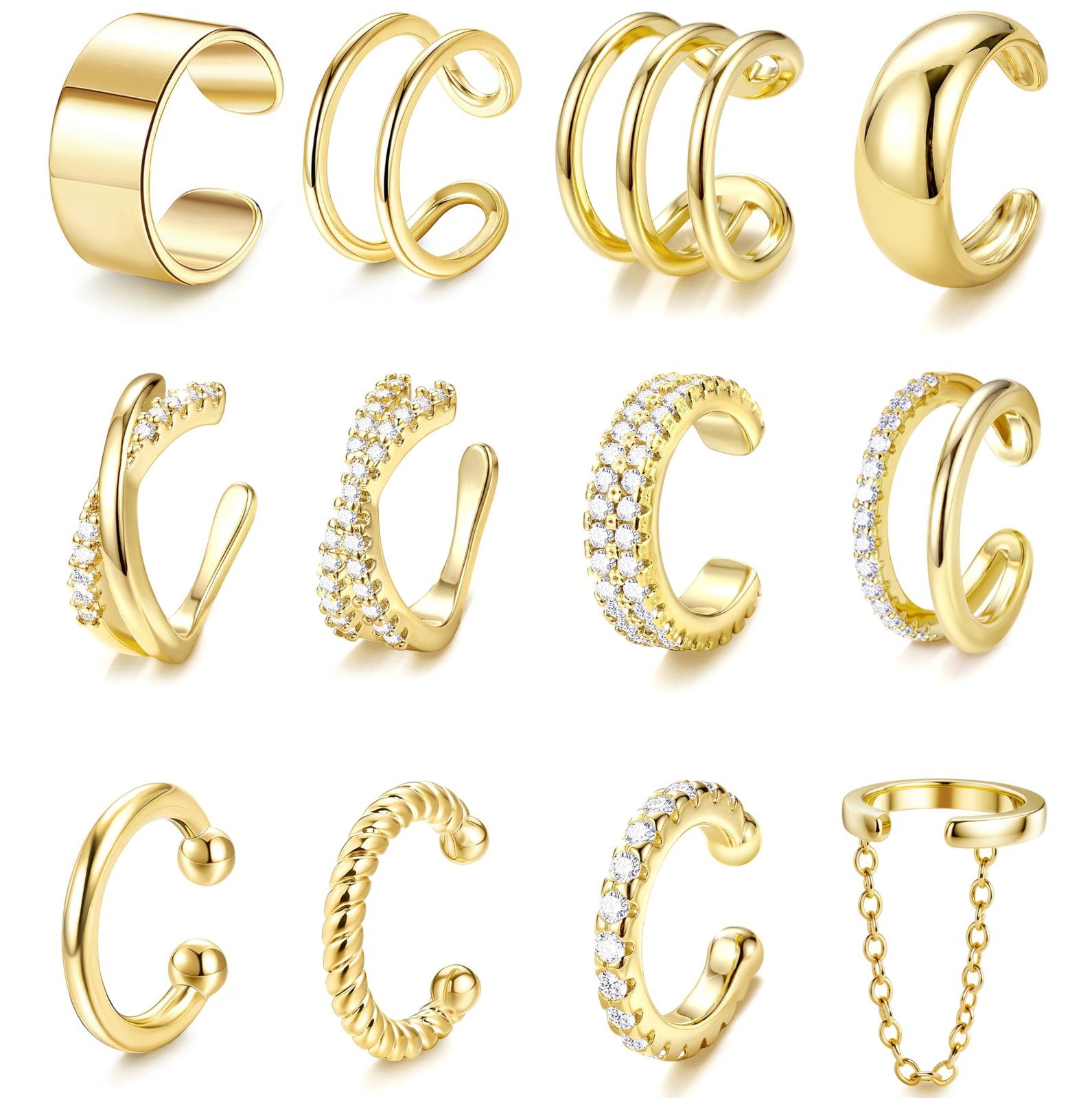 12Pcs Ear Cuffs Non Piercing – 14K Gold Plated Ear Cuff Earrings for Women Adjus