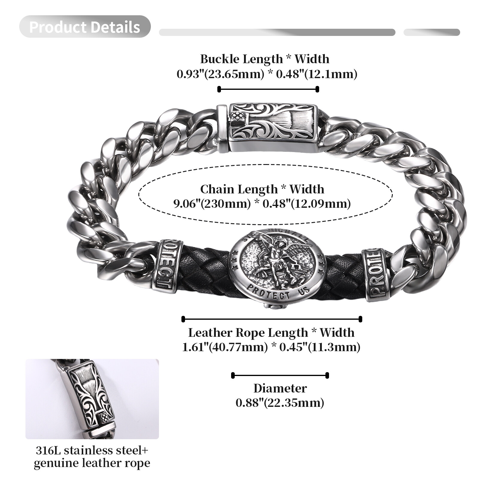 9in Cuban Link St Michael Bracelet for Men Stainless Steel Heavy Biker Bangle