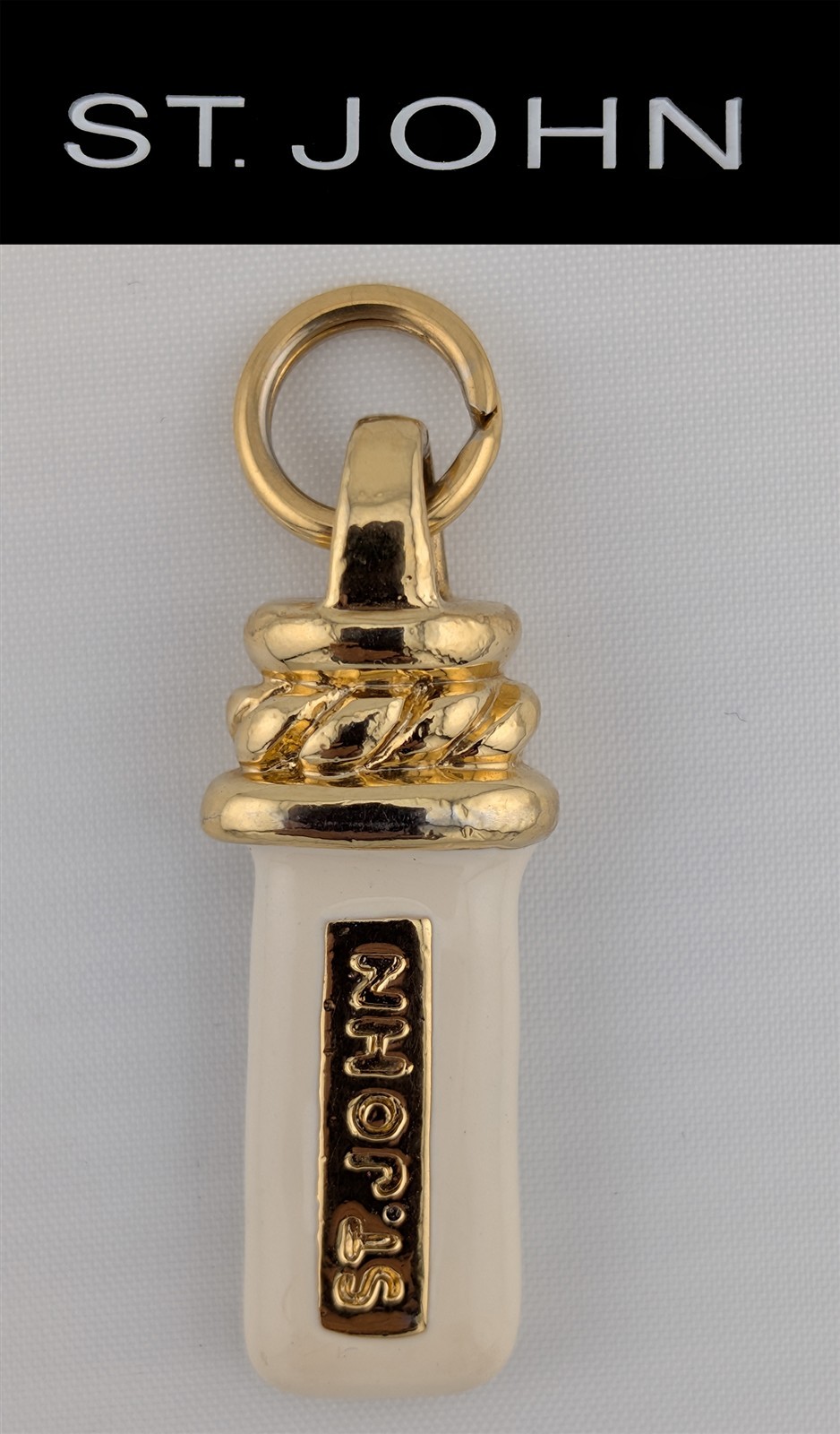 St John Knits White Rectangular Dual Sided St John Stamped Zipper Pull