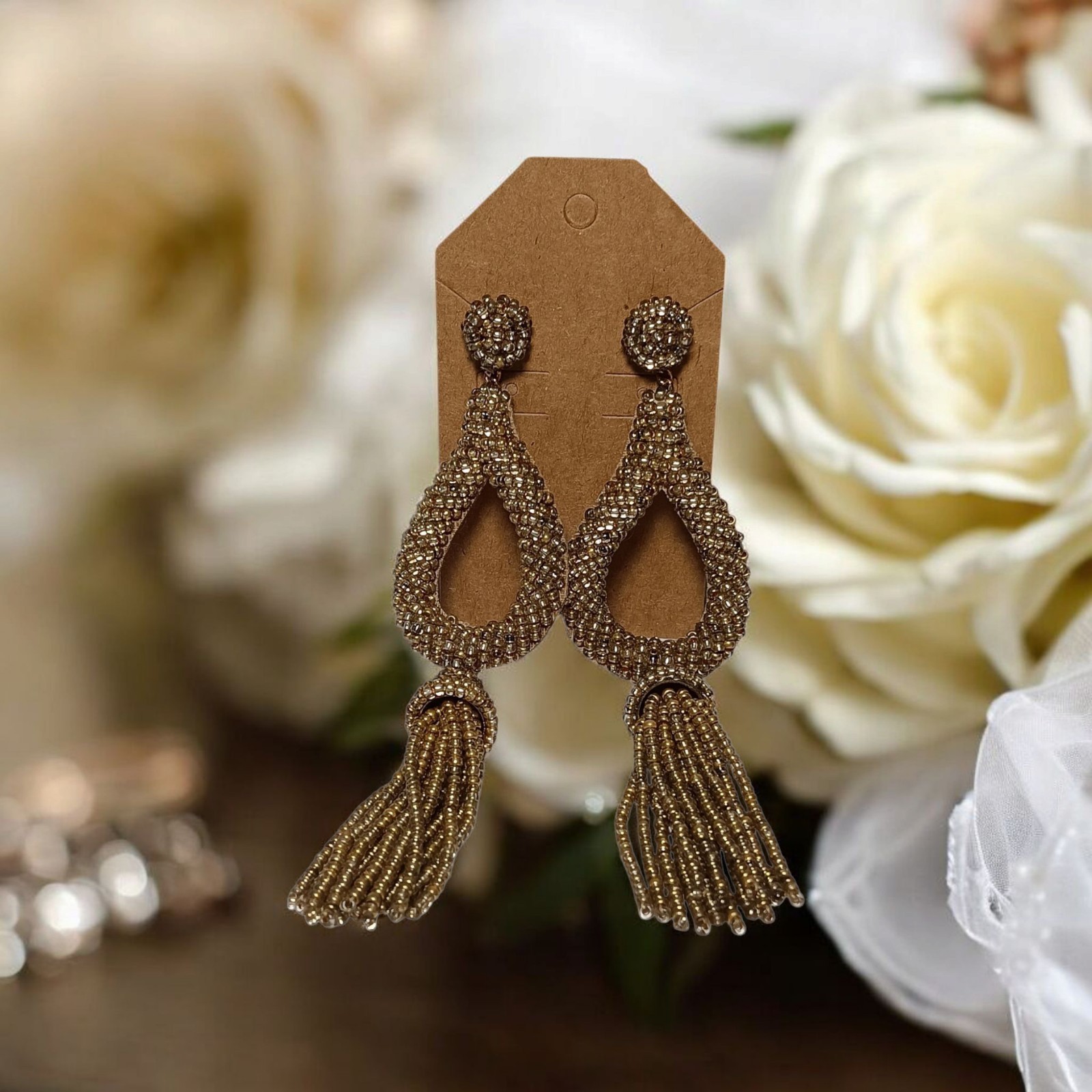 Anthropologie Pierced Earrings Deepa Gurnani Gold Beaded Dangle Drop Runway