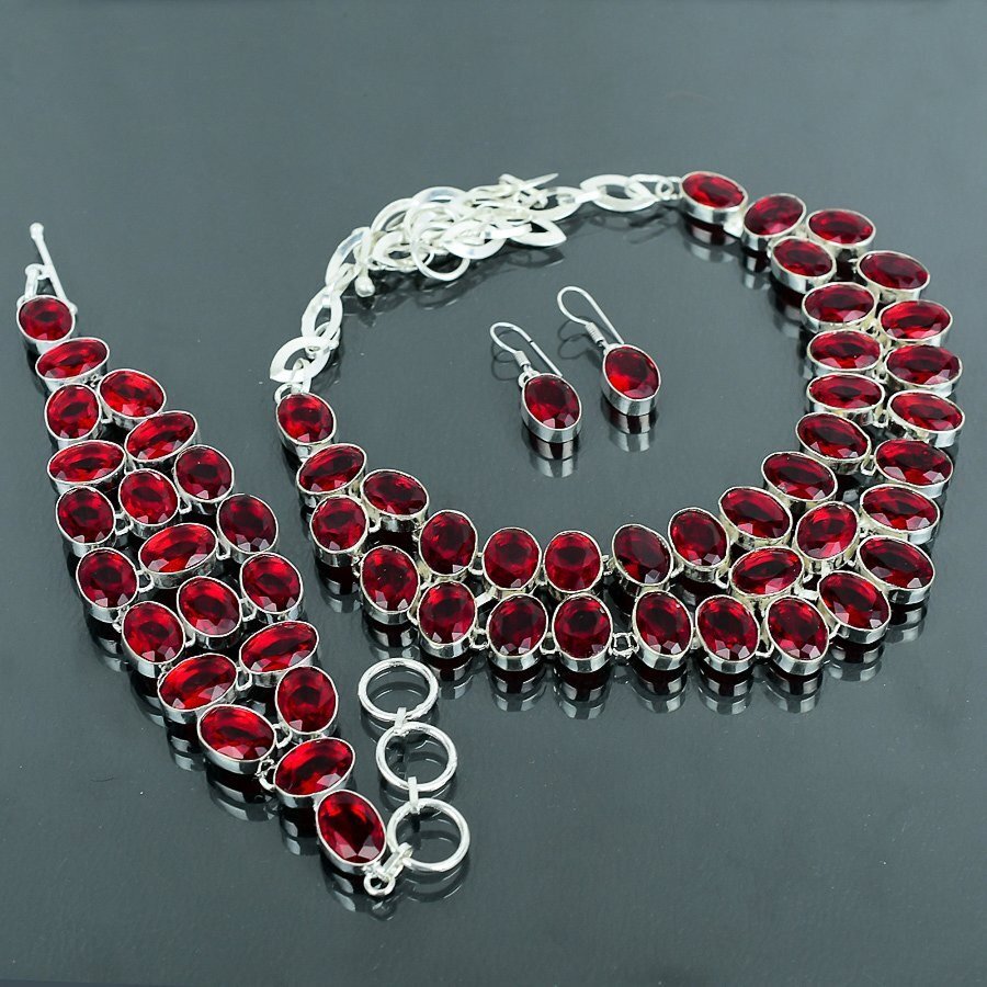 Faceted Mozambique Garnet Oval Shape Gemstone Handmade Gift Jewelry Necklace Set