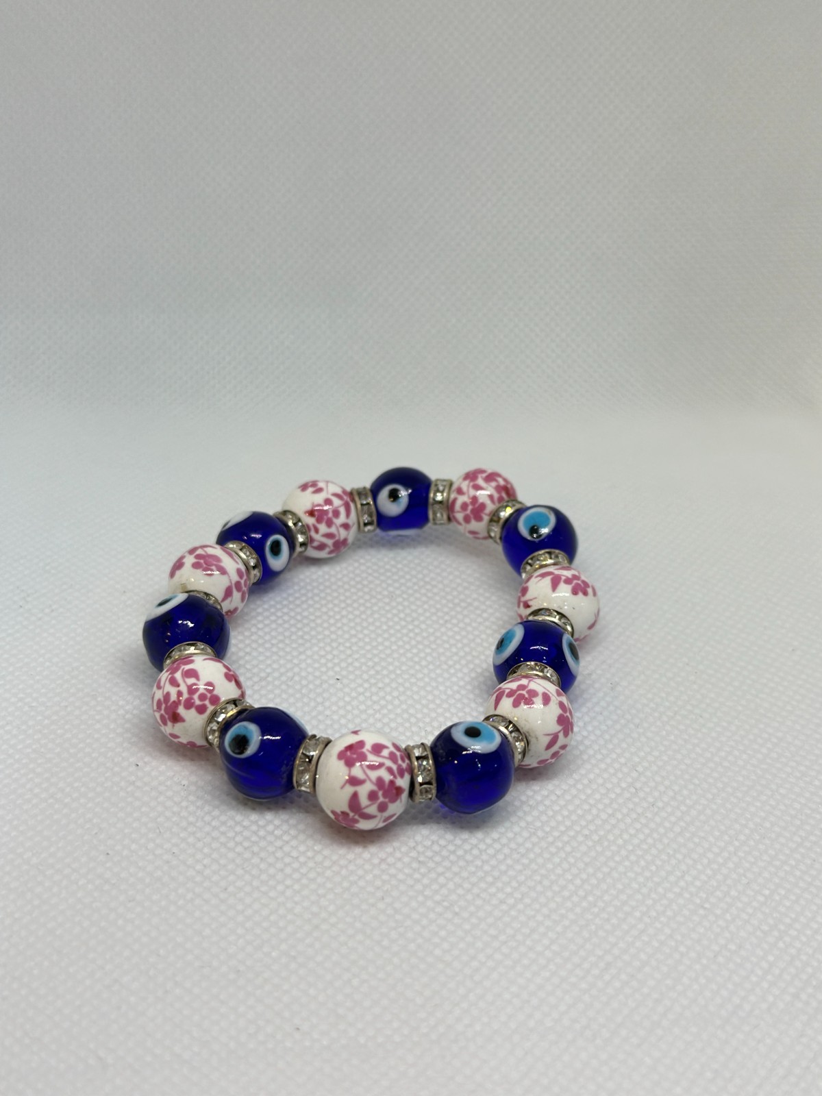 EVIL EYE BRACELET BLUE GLASS CERAMIC PINK FLOWER BEADS PROTECTION LUCKY JEWELRY