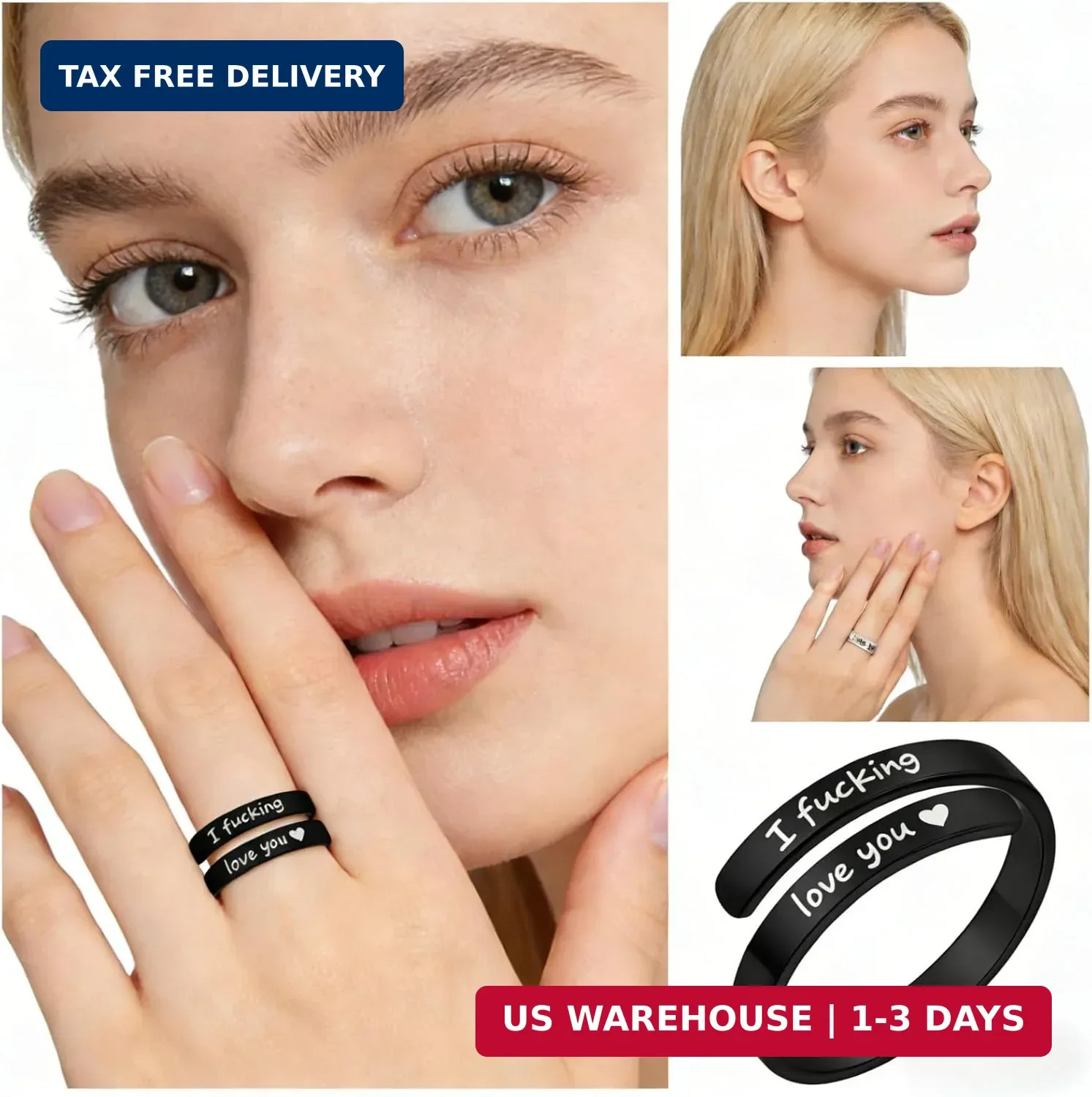 I Fcking Love You Ring, Stainless Steel Engraved Inspirational Words Heart Open