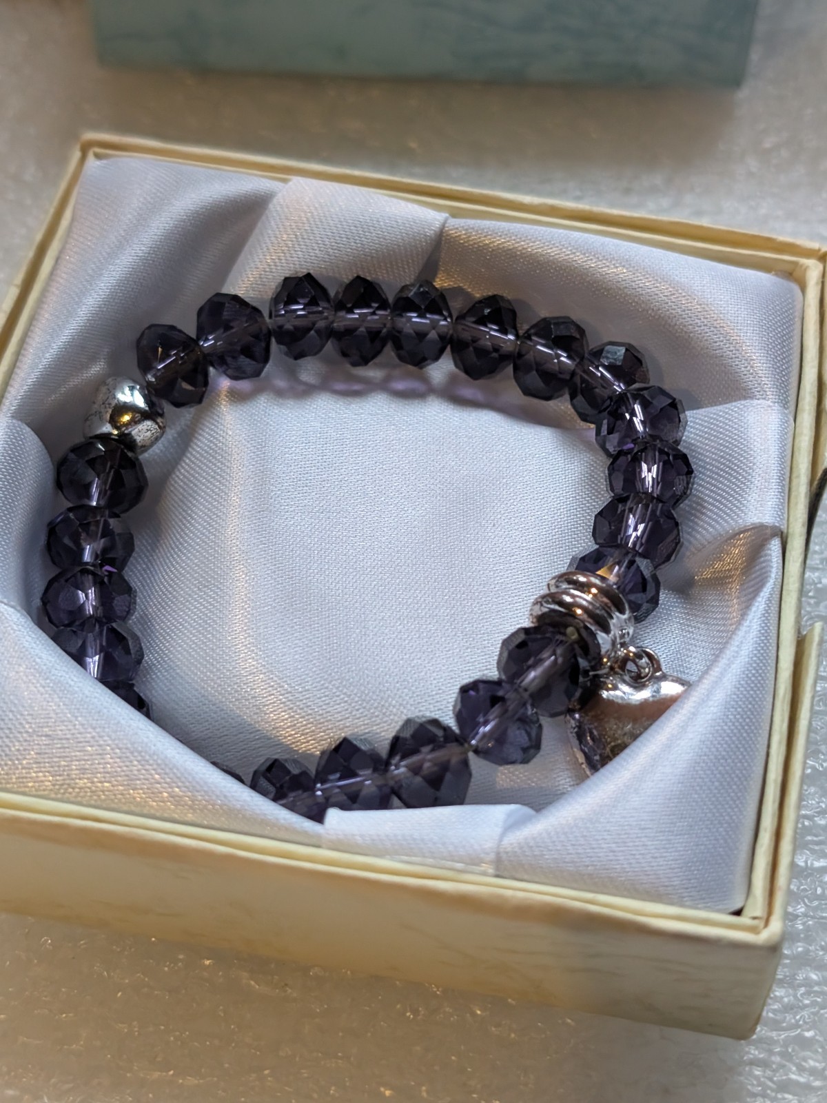Purple Crystal Elasticated Faux Amethyst Bracelet 30g Love Heart Charm New/ Box